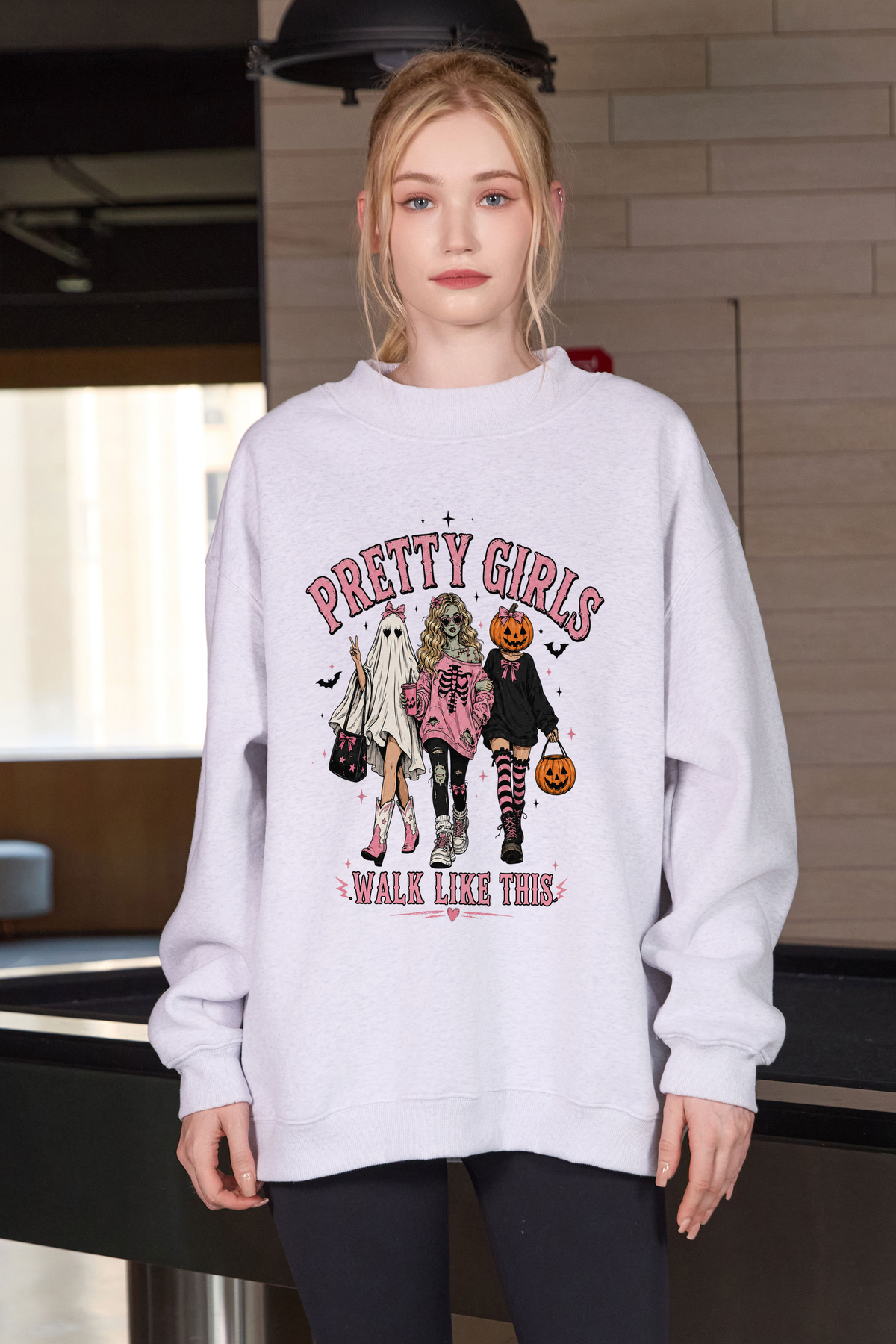 Moshita Pretty Girls Walk Like This mockneck sweatshirt in heather grey — graphic front view 2