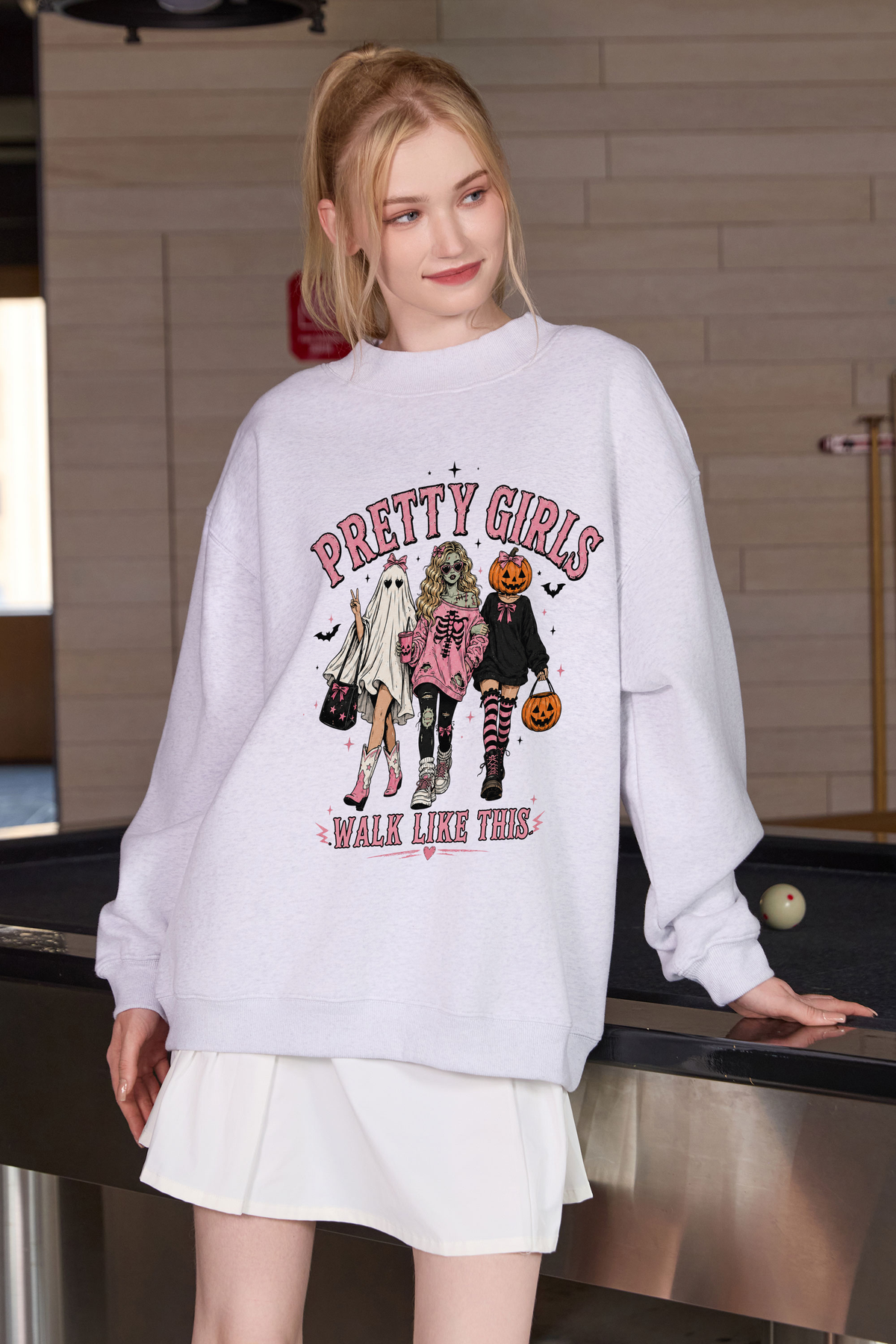 Moshita Pretty Girls Walk Like This mockneck sweatshirt in heather grey — graphic front view 3