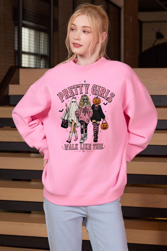 Moshita Pretty Girls Walk Like This mockneck sweatshirt in light pink — graphic front view 1