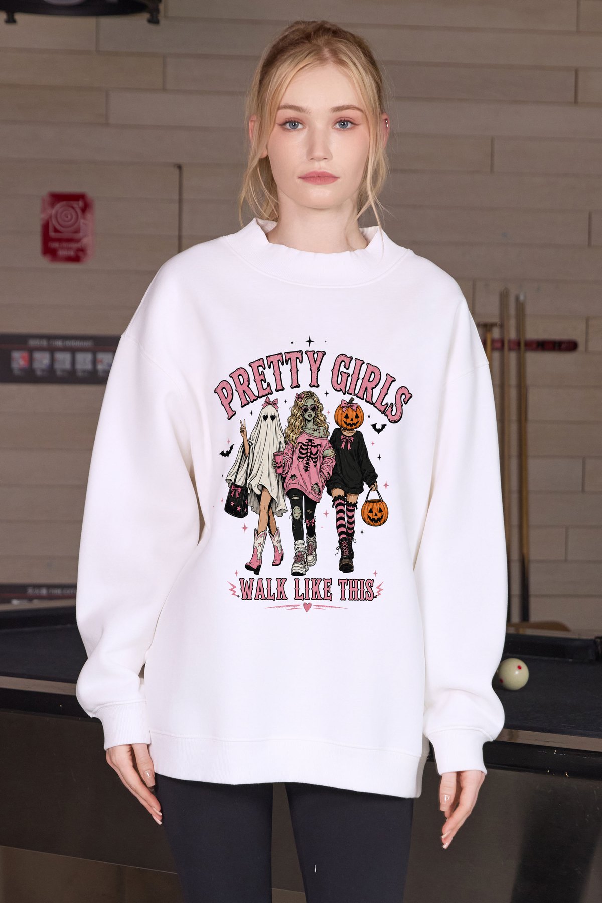 Moshita Pretty Girls Walk Like This mockneck sweatshirt in white — graphic front view 1