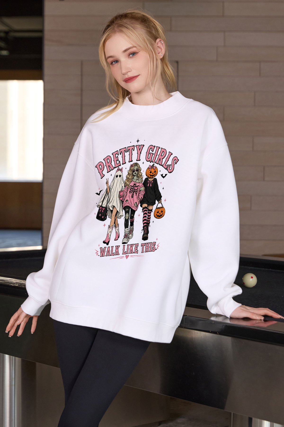 Moshita Pretty Girls Walk Like This mockneck sweatshirt in white — graphic front view 3