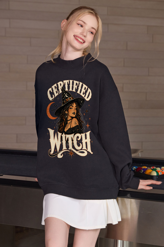 Moshita Certified Witch mockneck sweatshirt in black — graphic front view 1