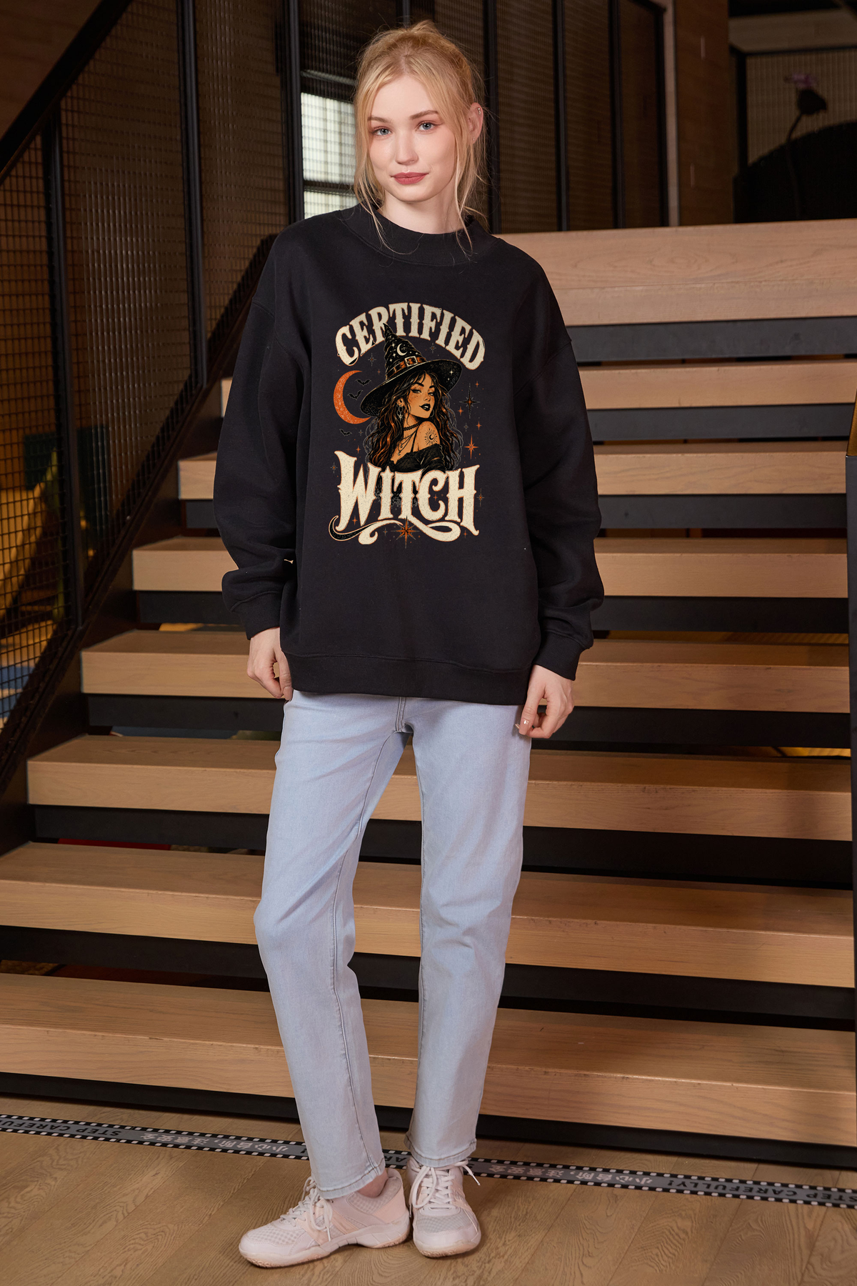 Moshita Certified Witch mockneck sweatshirt in black — graphic front view 3