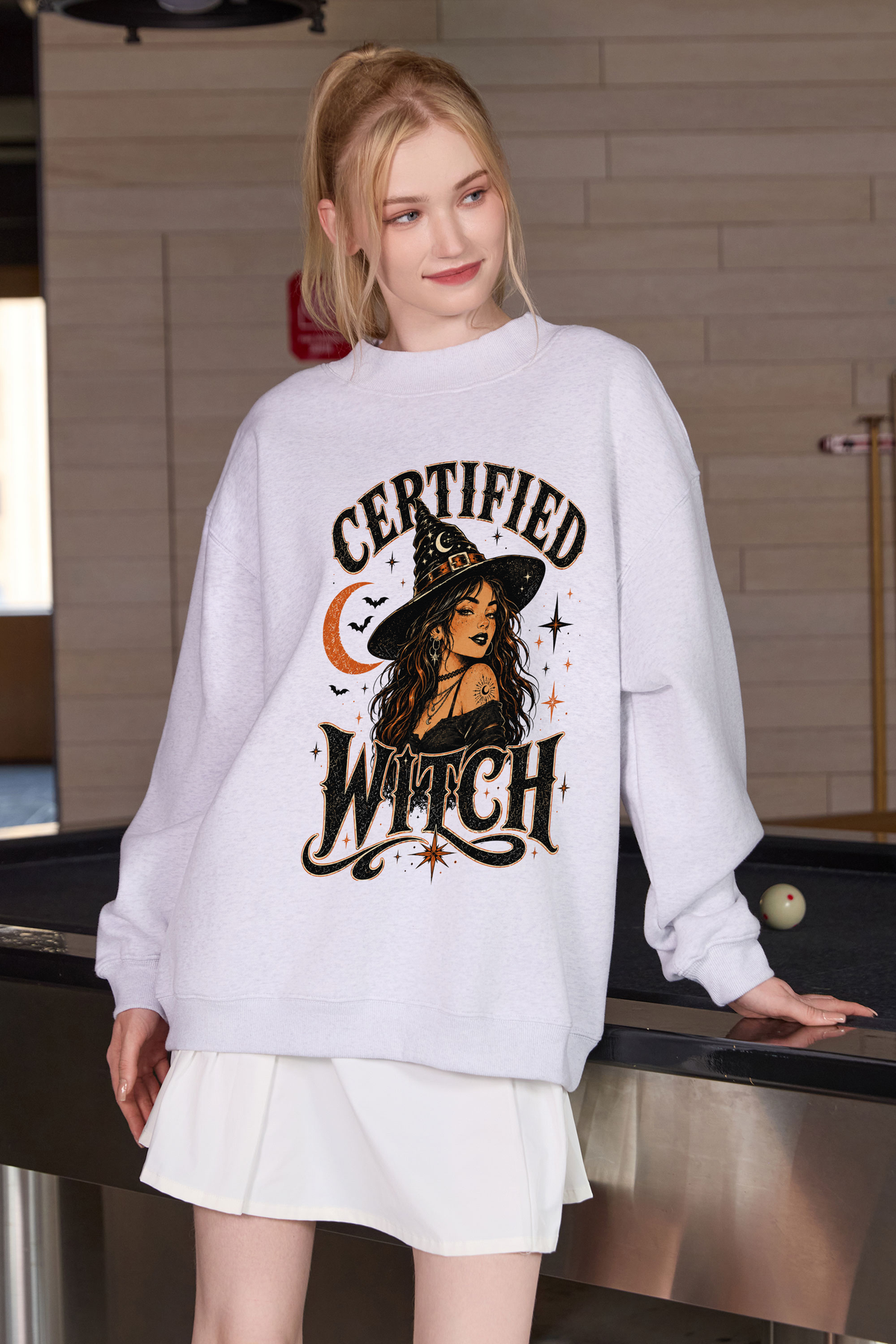 Moshita Certified Witch mockneck sweatshirt in heather grey — graphic front view 1