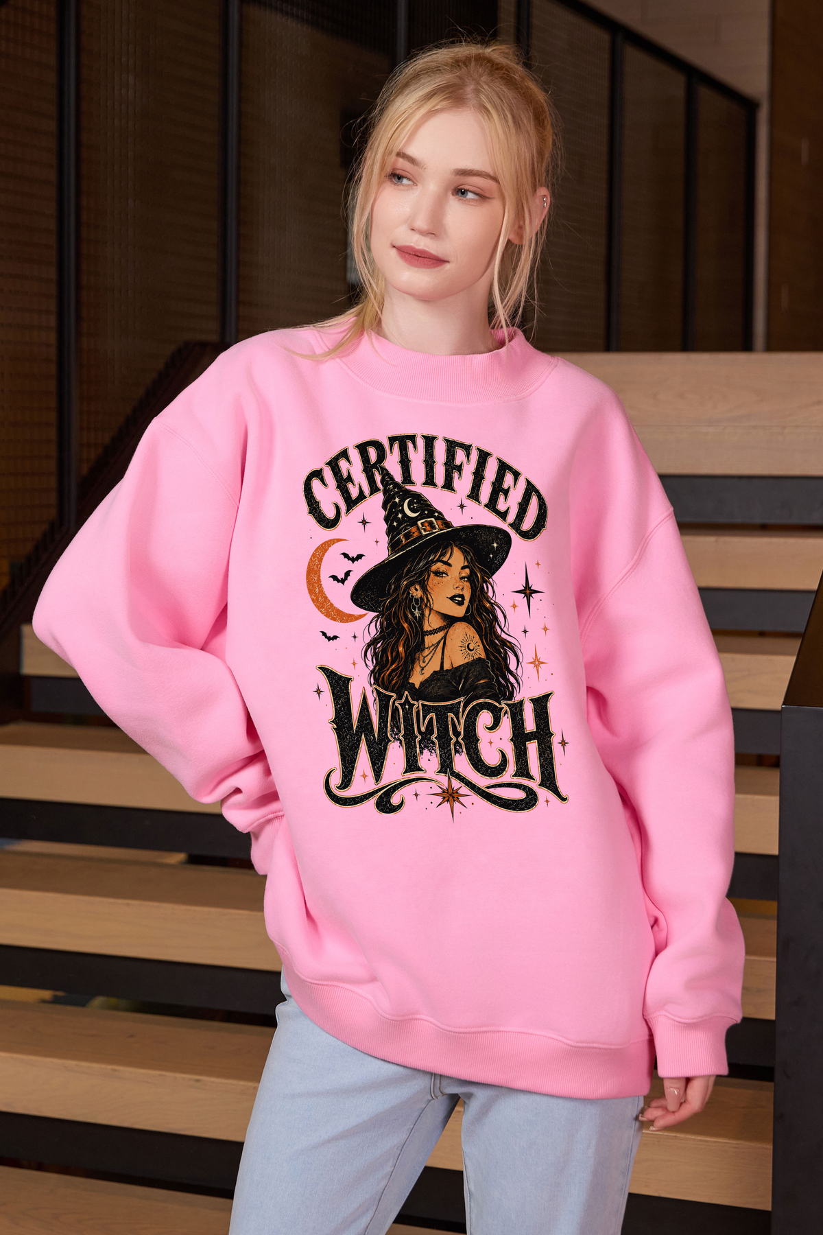 Moshita Certified Witch mockneck sweatshirt in light pink — graphic front view 2
