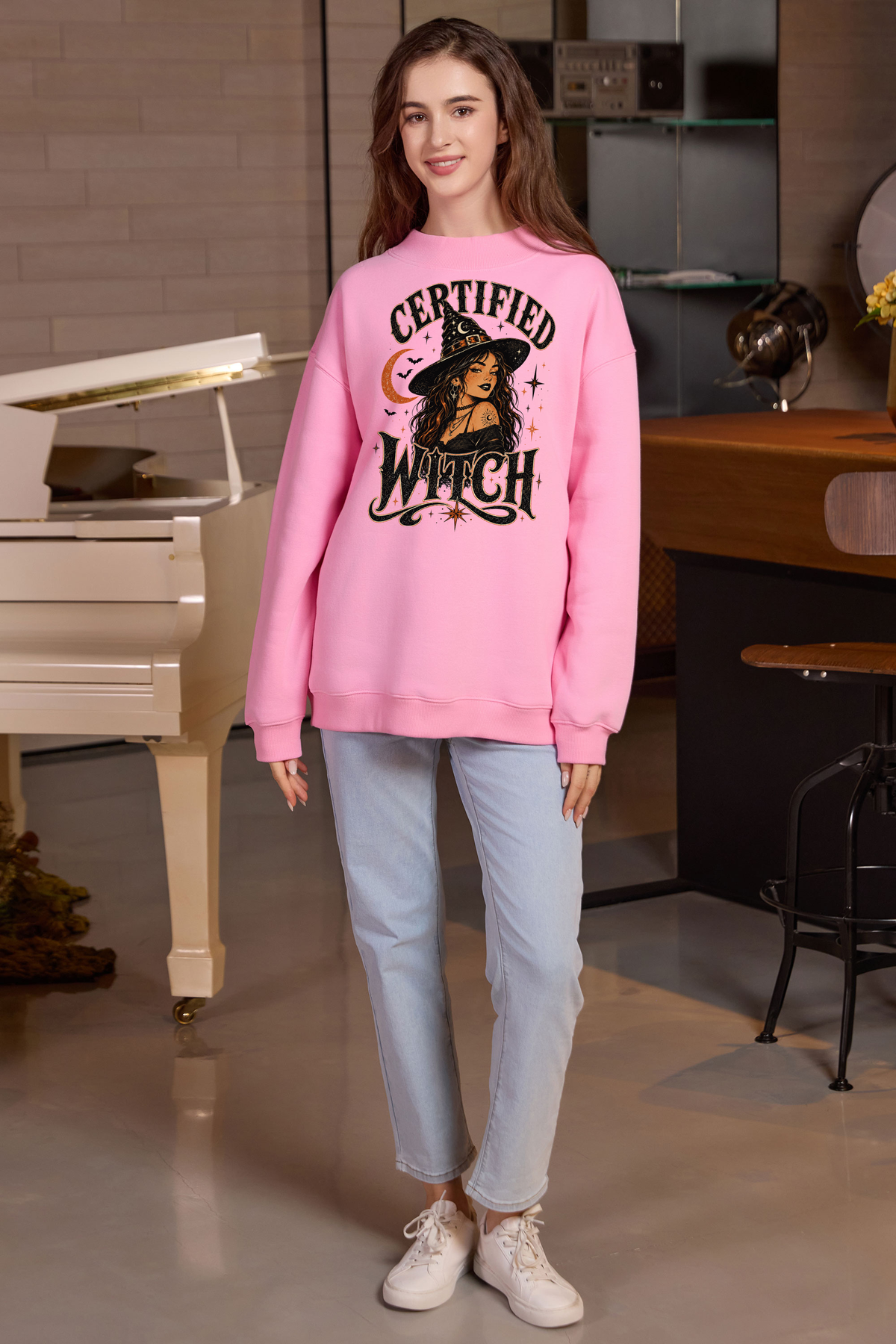 Moshita Certified Witch mockneck sweatshirt in light pink — graphic front view 3