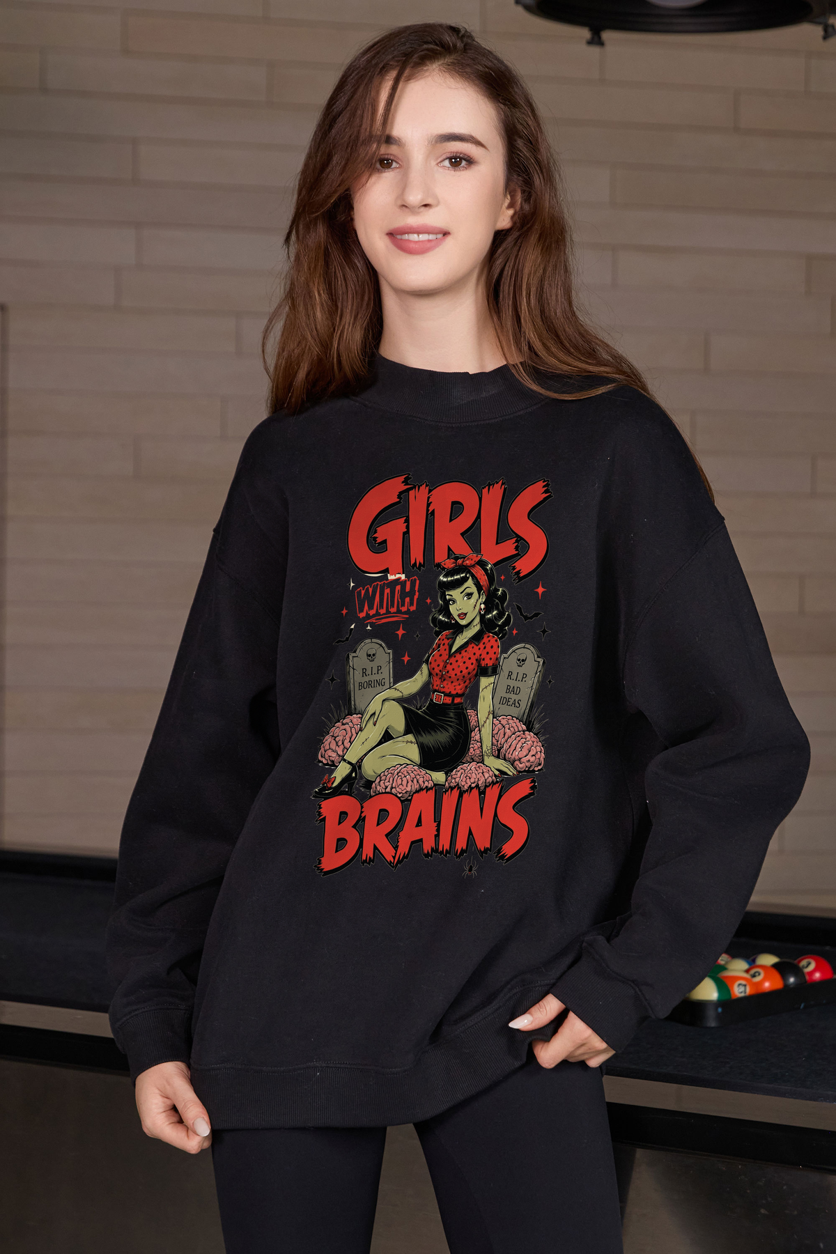 Moshita Girls with Brains mockneck sweatshirt in black — graphic front view 1