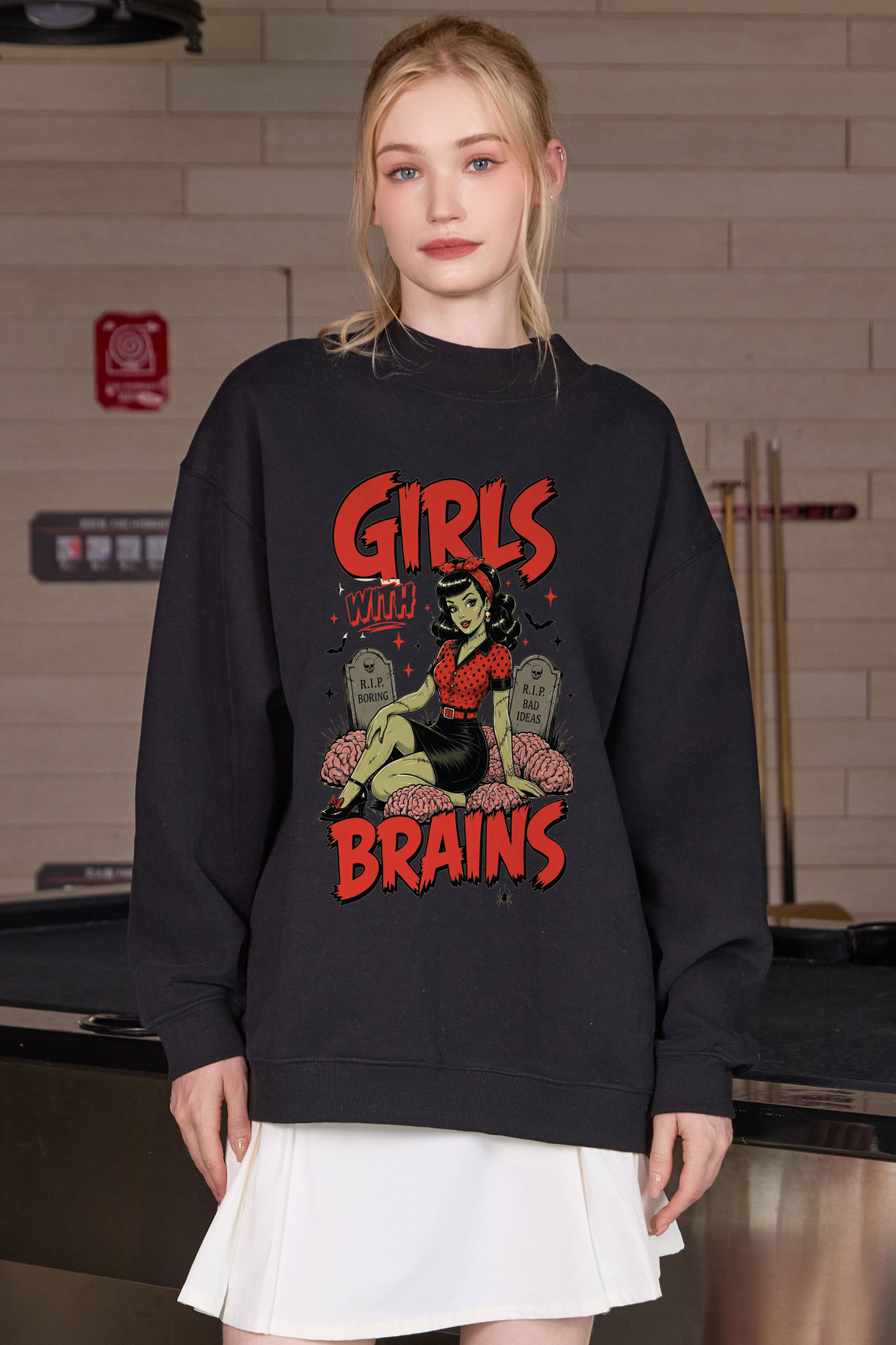 Moshita Girls with Brains mockneck sweatshirt in black — graphic front view 2
