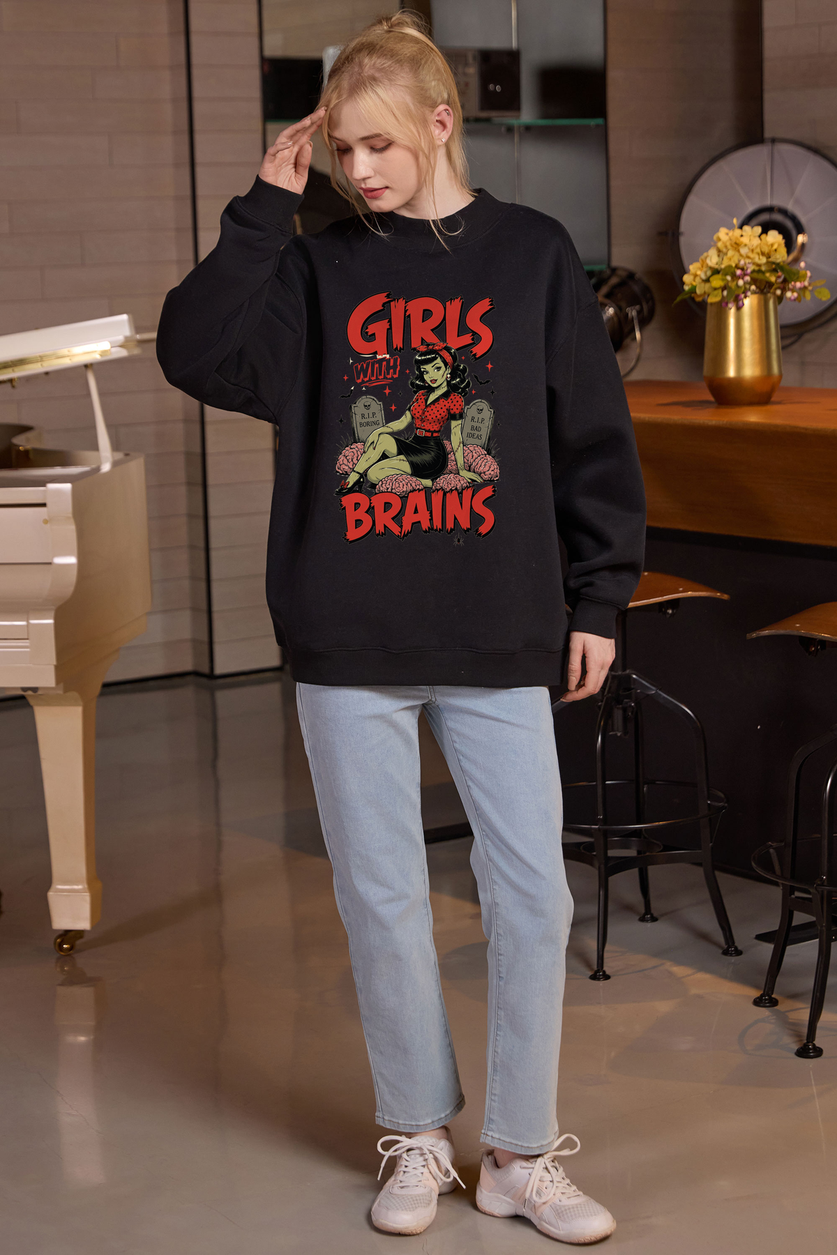 Moshita Girls with Brains mockneck sweatshirt in black — graphic front view 3
