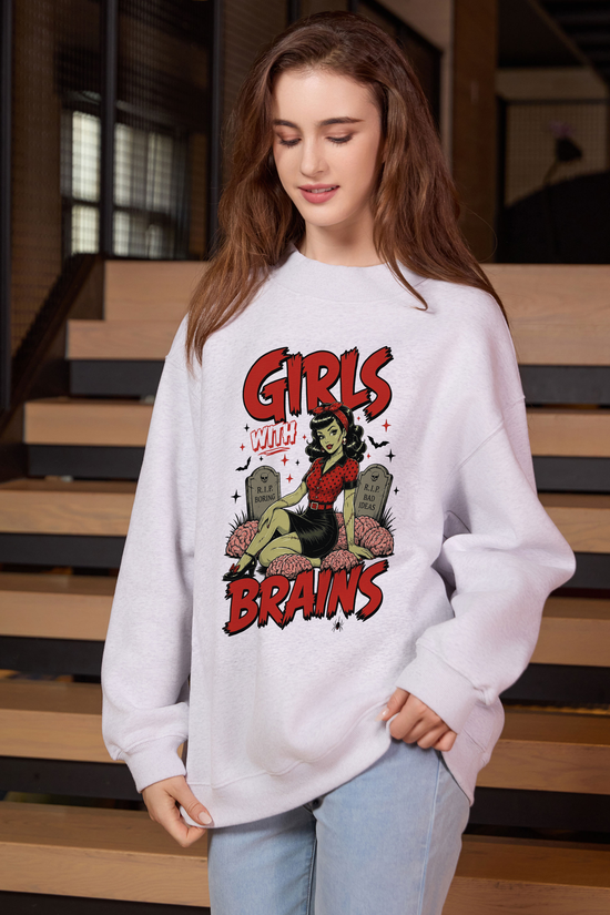 Moshita Girls with Brains mockneck sweatshirt in heather grey — graphic front view 1