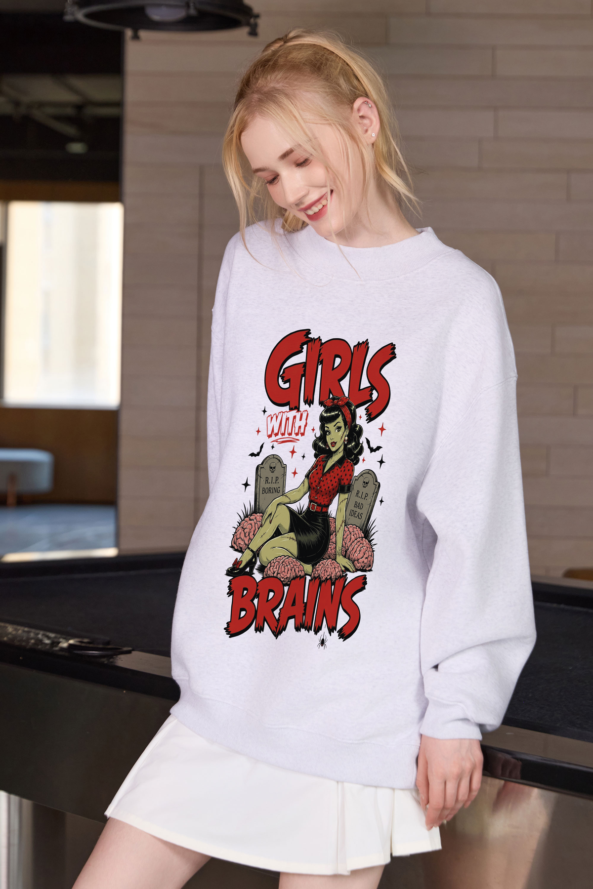 Moshita Girls with Brains mockneck sweatshirt in heather grey — graphic front view 2