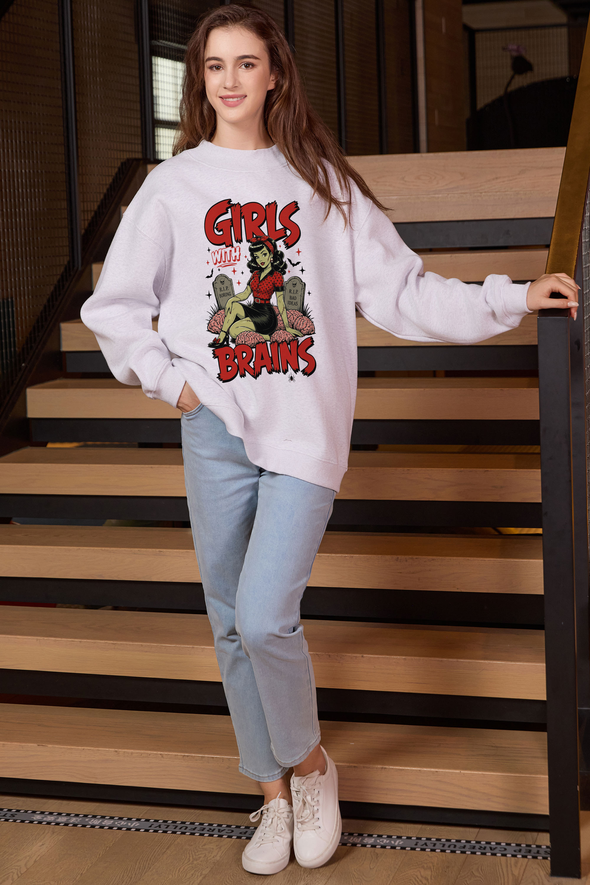 Moshita Girls with Brains mockneck sweatshirt in heather grey — graphic front view 3