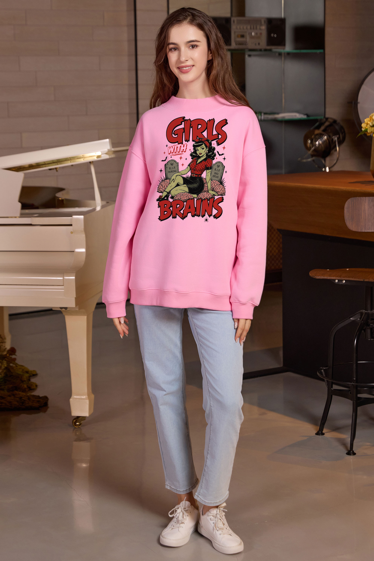 Moshita Girls with Brains mockneck sweatshirt in light pink — graphic front view 2