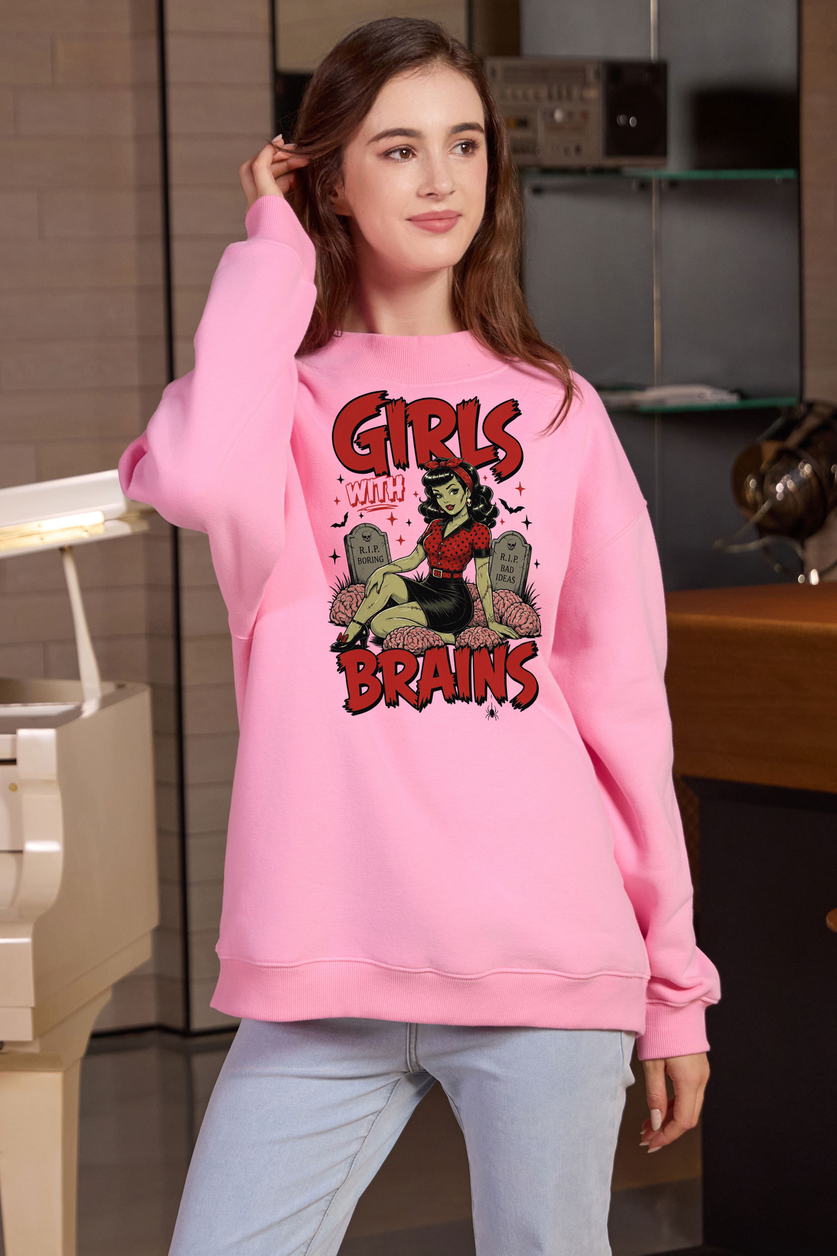 Moshita Girls with Brains mockneck sweatshirt in light pink — graphic front view 3