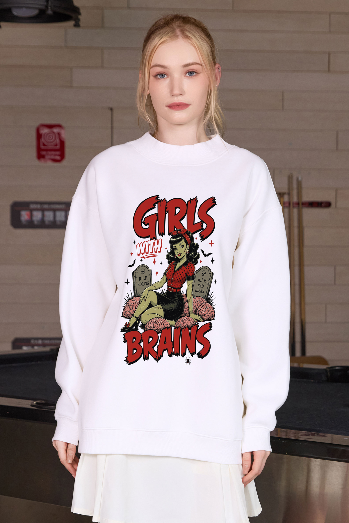 Moshita Girls with Brains mockneck sweatshirt in white — graphic front view 2