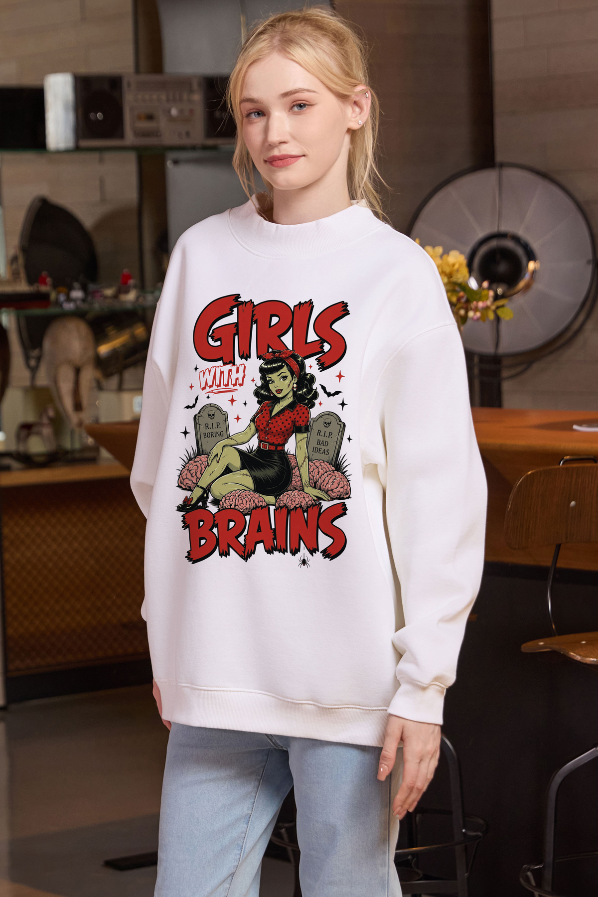 Moshita Girls with Brains mockneck sweatshirt in white — graphic front view 3