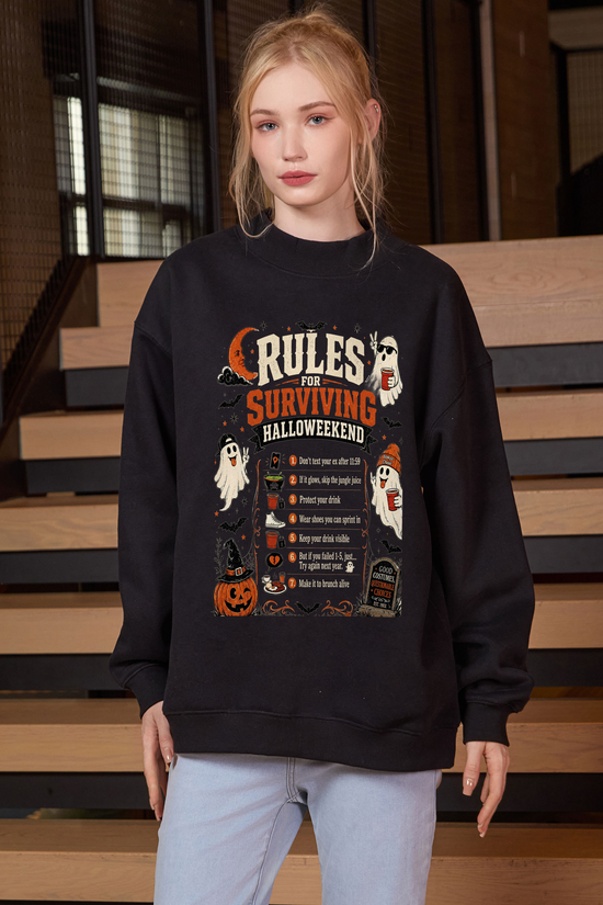 Moshita Rules for Surviving Halloweekend mockneck sweatshirt in black — graphic front view 1