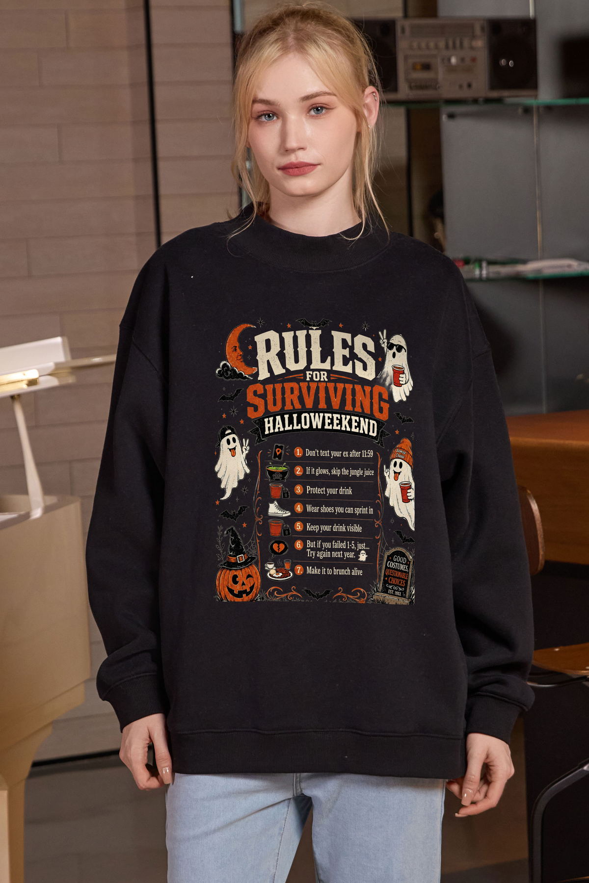 Moshita Rules for Surviving Halloweekend mockneck sweatshirt in black — graphic front view 3