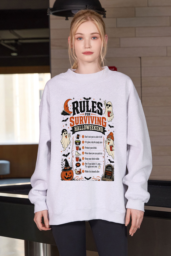 Moshita Rules for Surviving Halloweekend mockneck sweatshirt in heather grey — graphic front view 1