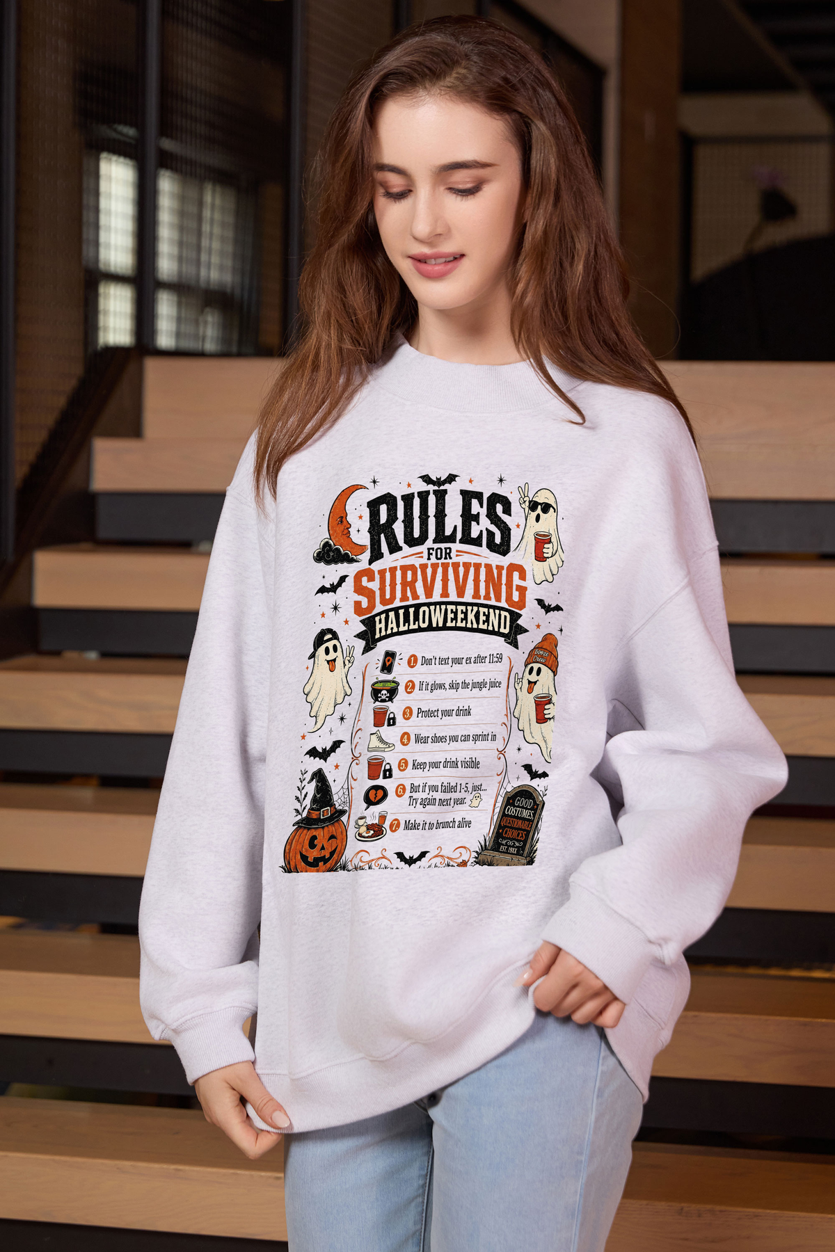 Moshita Rules for Surviving Halloweekend mockneck sweatshirt in heather grey — graphic front view 2