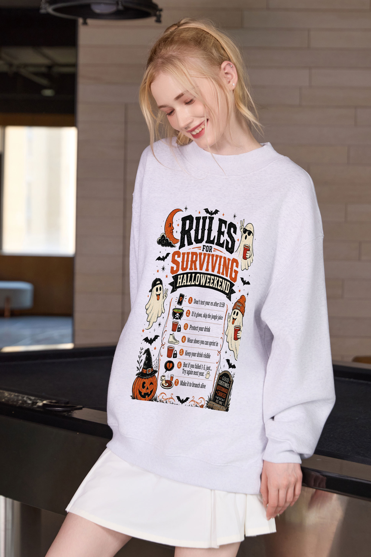 Moshita Rules for Surviving Halloweekend mockneck sweatshirt in heather grey — graphic front view 3