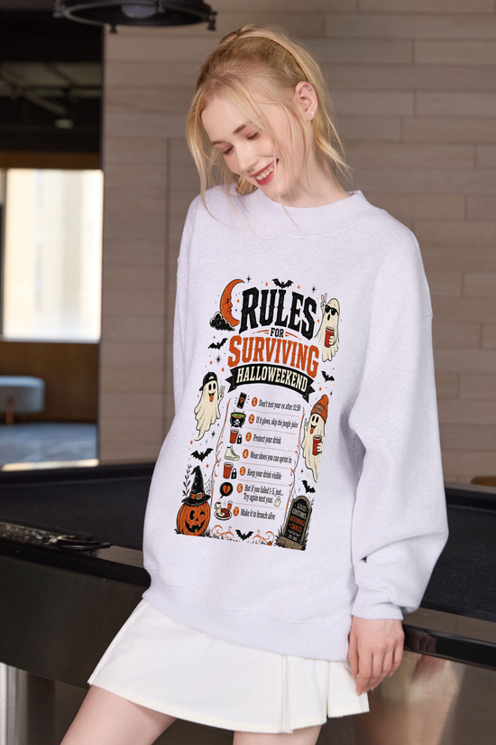 Moshita Rules for Surviving Halloweekend mockneck sweatshirt in heather grey — graphic front view 3