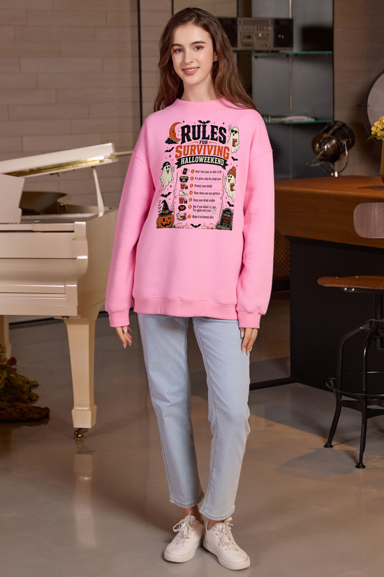 Moshita Rules for Surviving Halloweekend mockneck sweatshirt in light pink — graphic front view 3