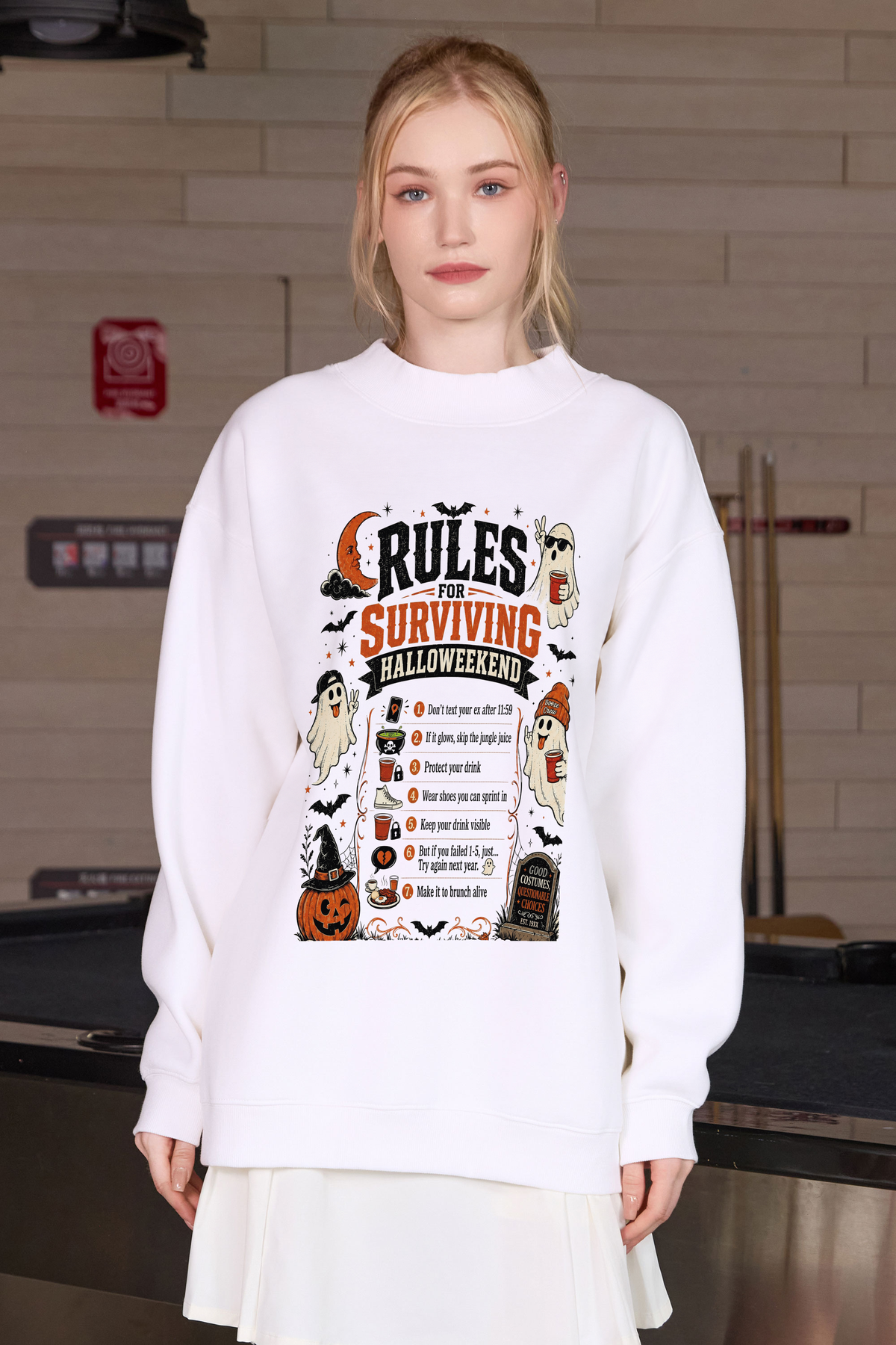 Moshita Rules for Surviving Halloweekend mockneck sweatshirt in white — graphic front view 1