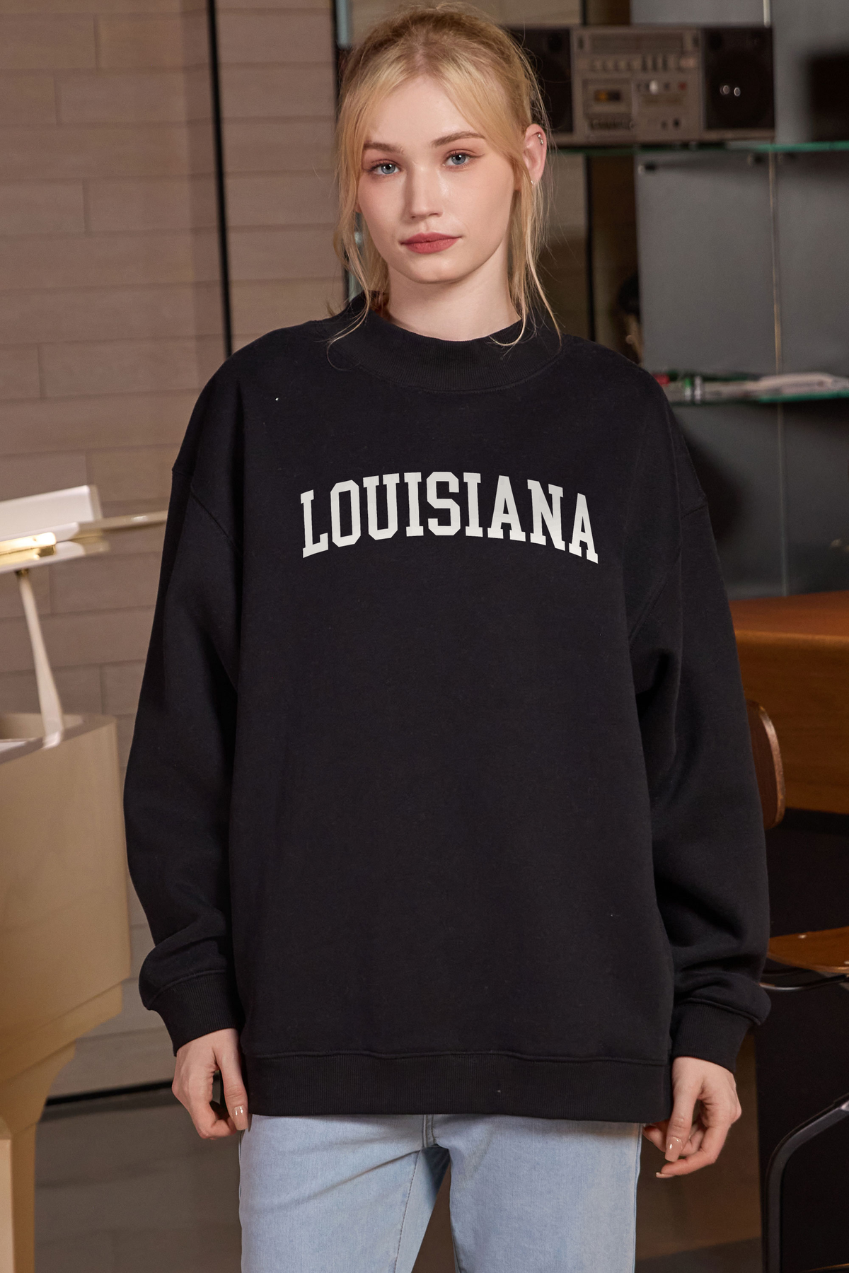 Louisiana Collegiate Sweatshirt — black with white lettering — front view 3