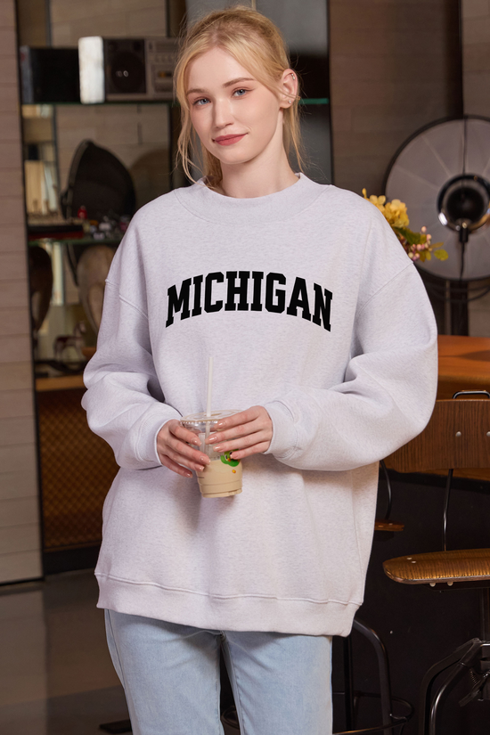 Michigan Collegiate Sweatshirt — heather grey with black lettering — front view 1