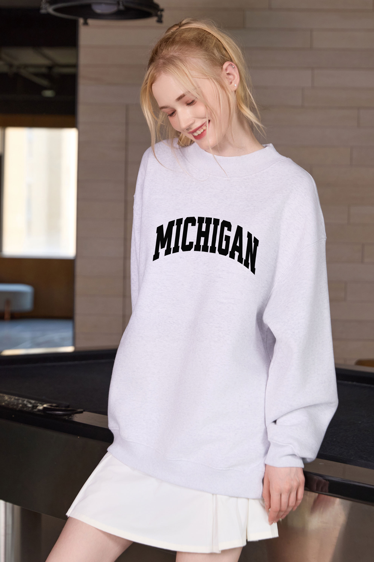 Michigan Collegiate Sweatshirt — heather grey with black lettering — front view 2