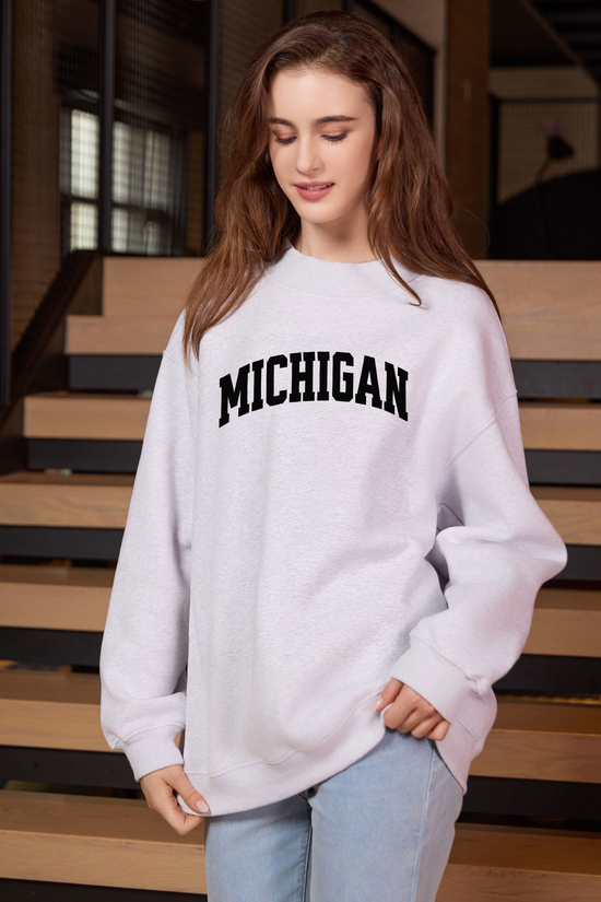 Michigan Collegiate Sweatshirt — heather grey with black lettering — front view 3