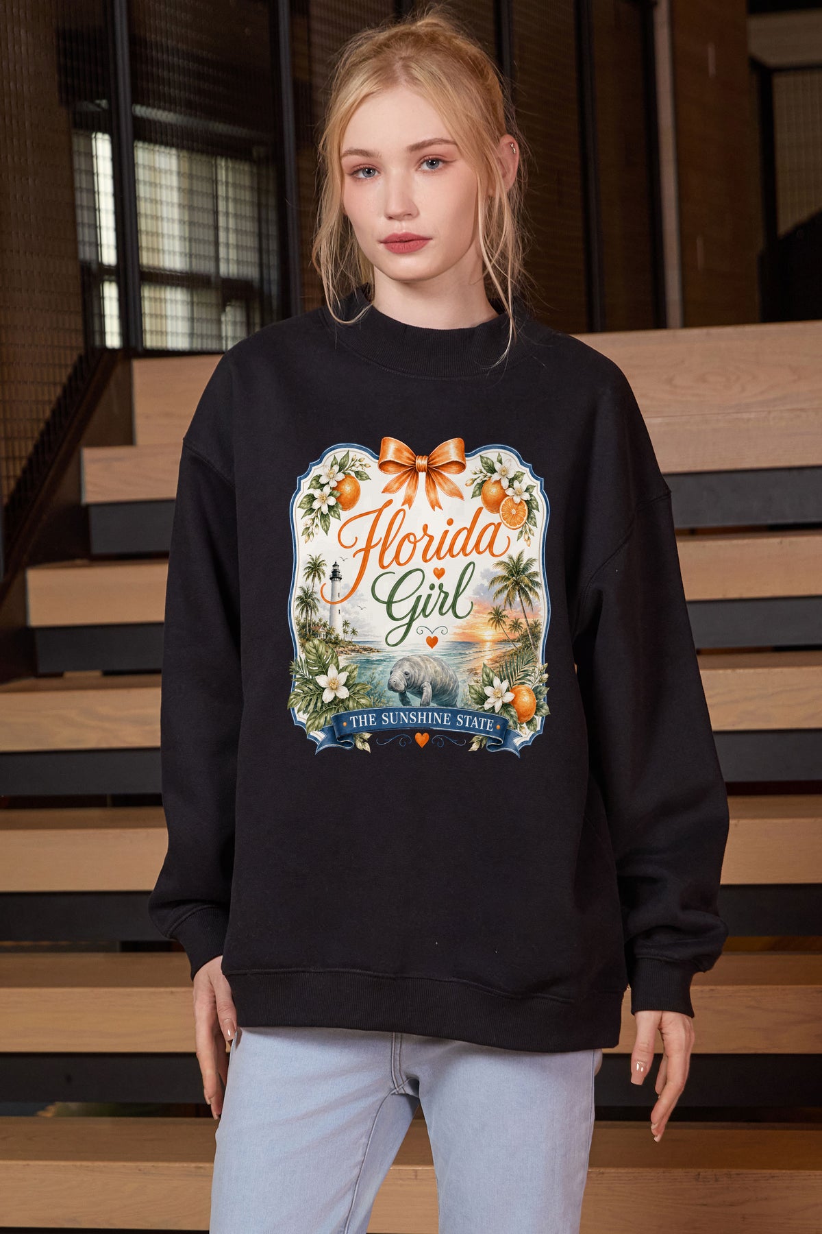 Florida Girl Illustrated Sweatshirt in black — model view 3.