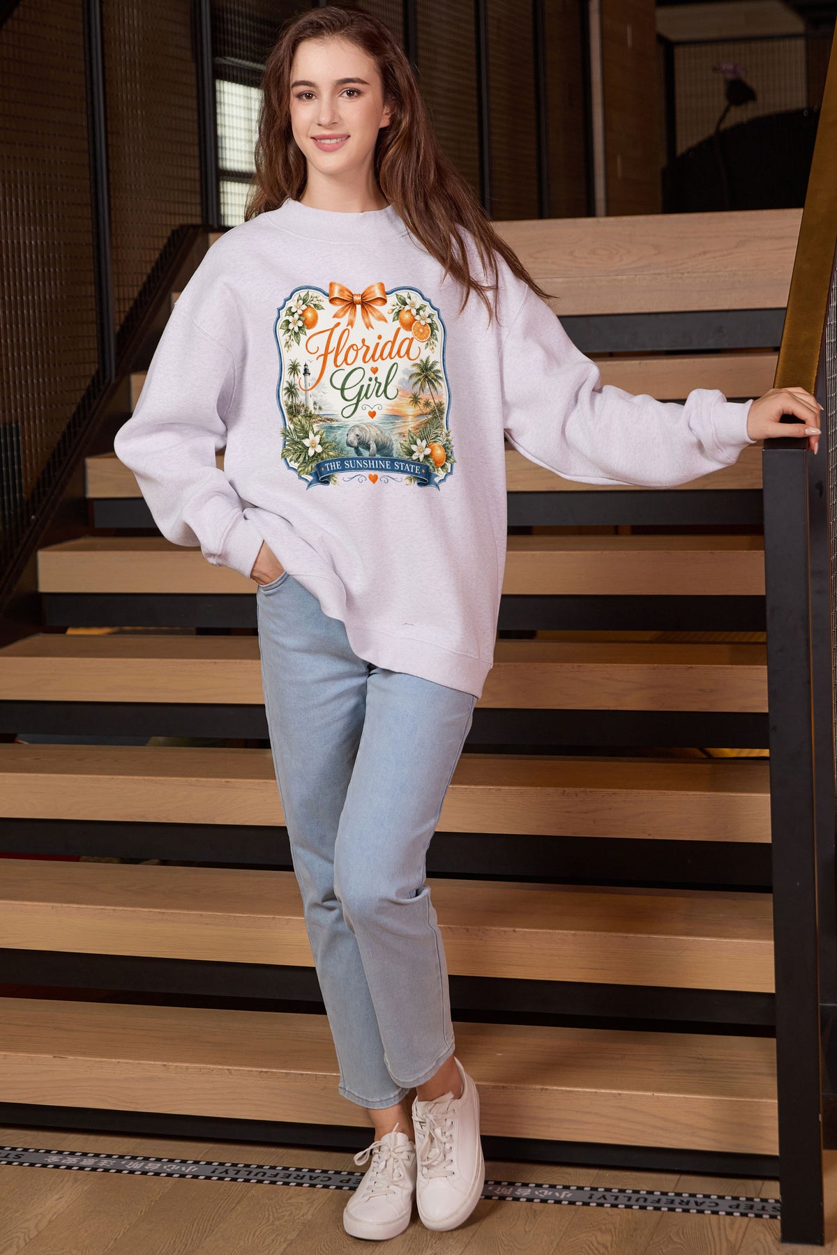 Florida Girl Illustrated Sweatshirt in heather grey — model view 2.
