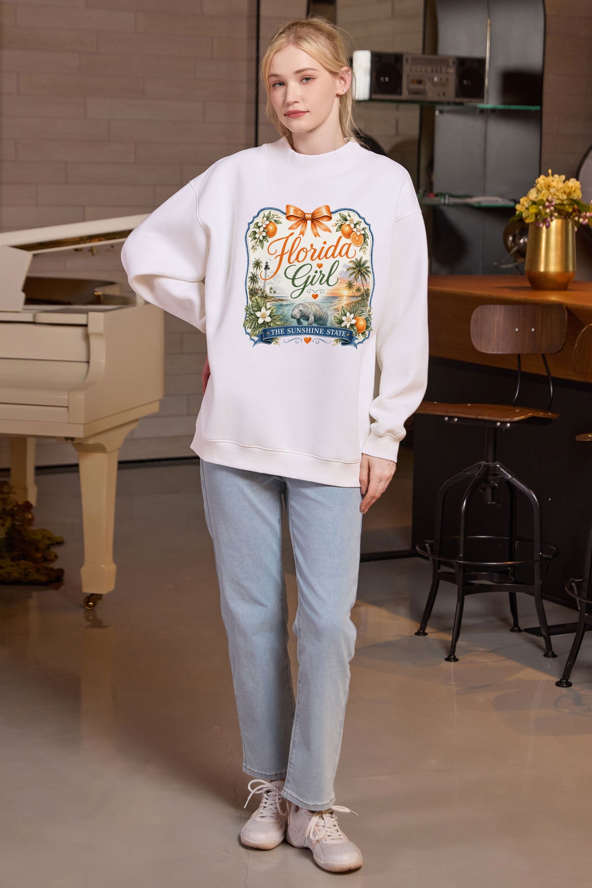 Florida Girl Illustrated Sweatshirt in white — model view 1.
