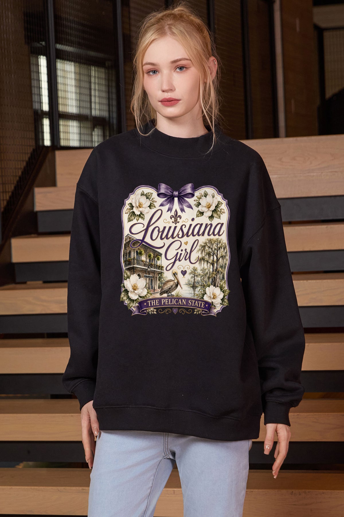 Louisiana Girl Illustrated Sweatshirt in black — model view 1.