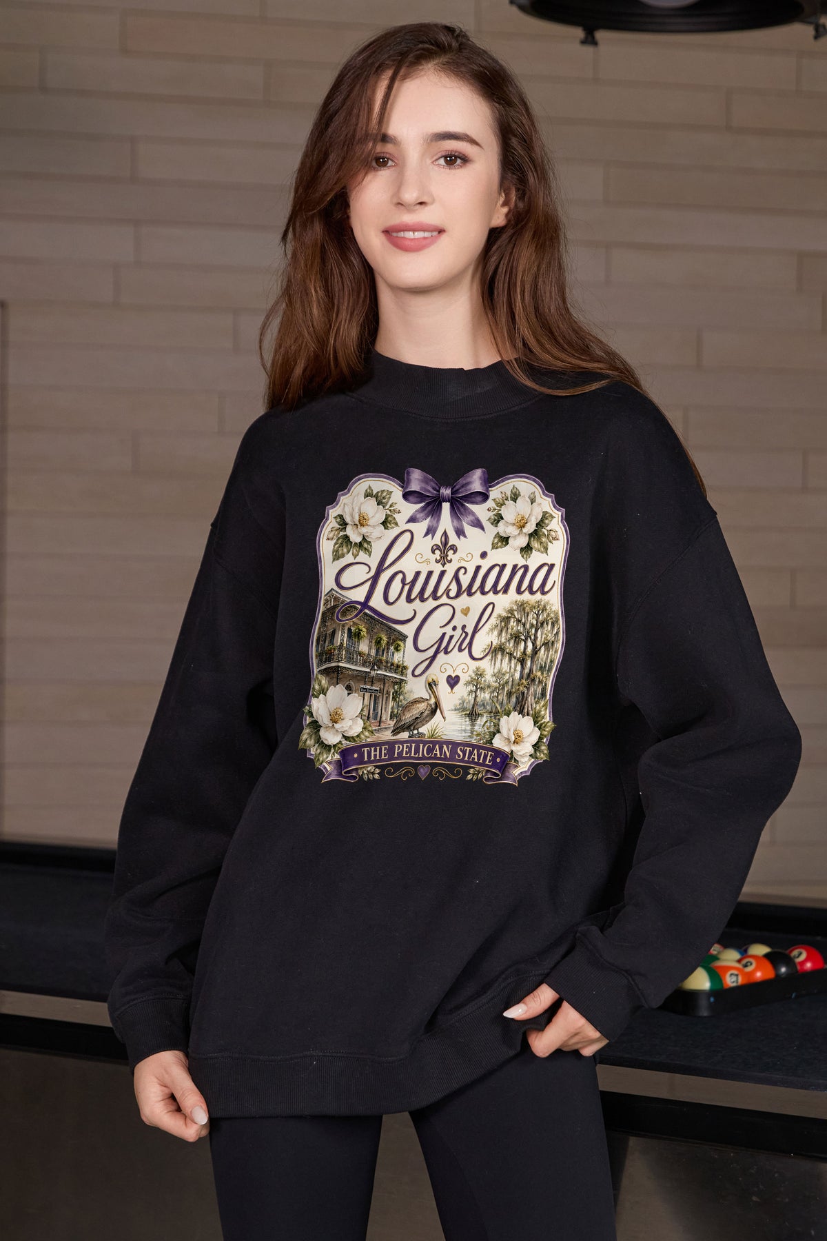 Louisiana Girl Illustrated Sweatshirt in black — model view 3.