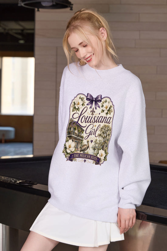 Louisiana Girl Illustrated Sweatshirt in heather grey — model view 1.