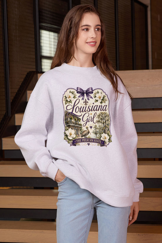 Louisiana Girl Illustrated Sweatshirt in heather grey — model view 2.