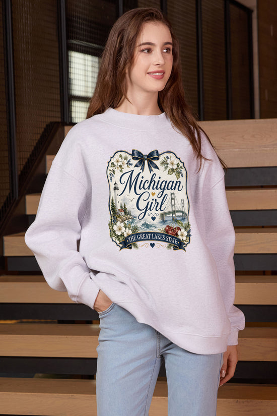 Michigan Girl Illustrated Sweatshirt in heather grey — model view 1.