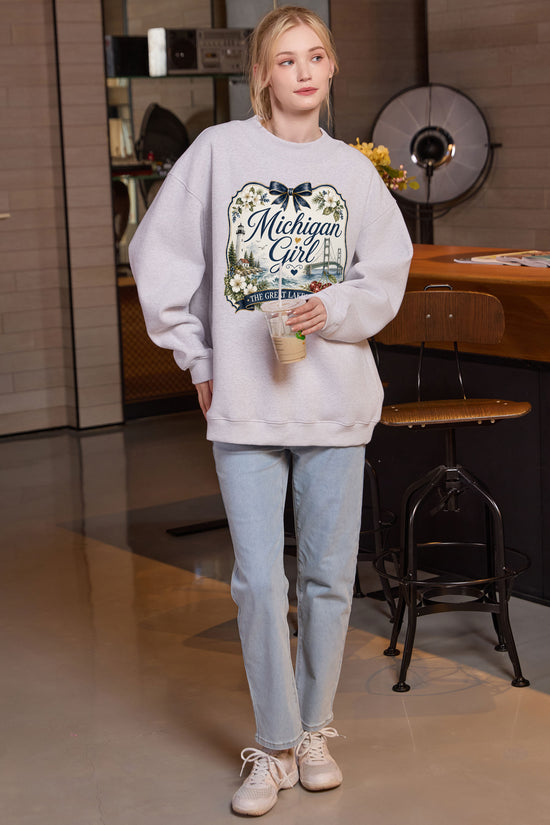 Michigan Girl Illustrated Sweatshirt in heather grey — model view 3.