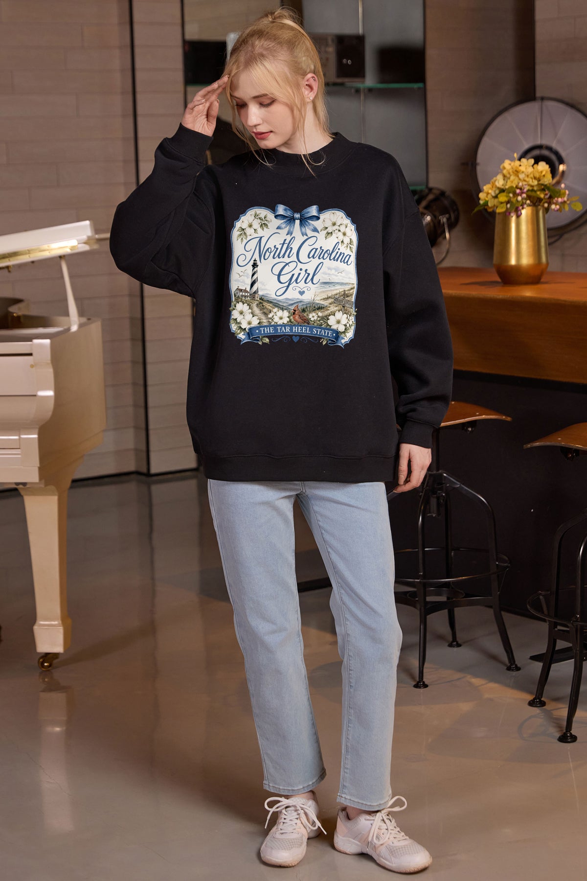 North Carolina Girl Illustrated Sweatshirt in black — model view 3.