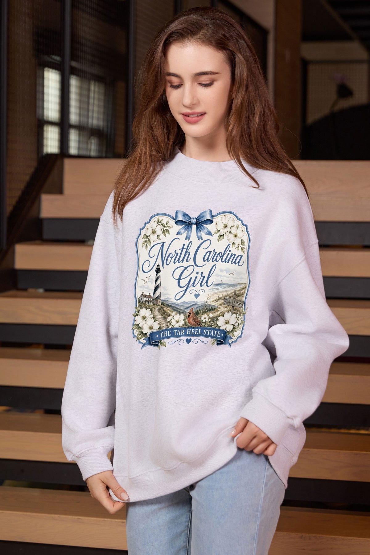 North Carolina Girl Illustrated Sweatshirt in heather grey — model view 3.