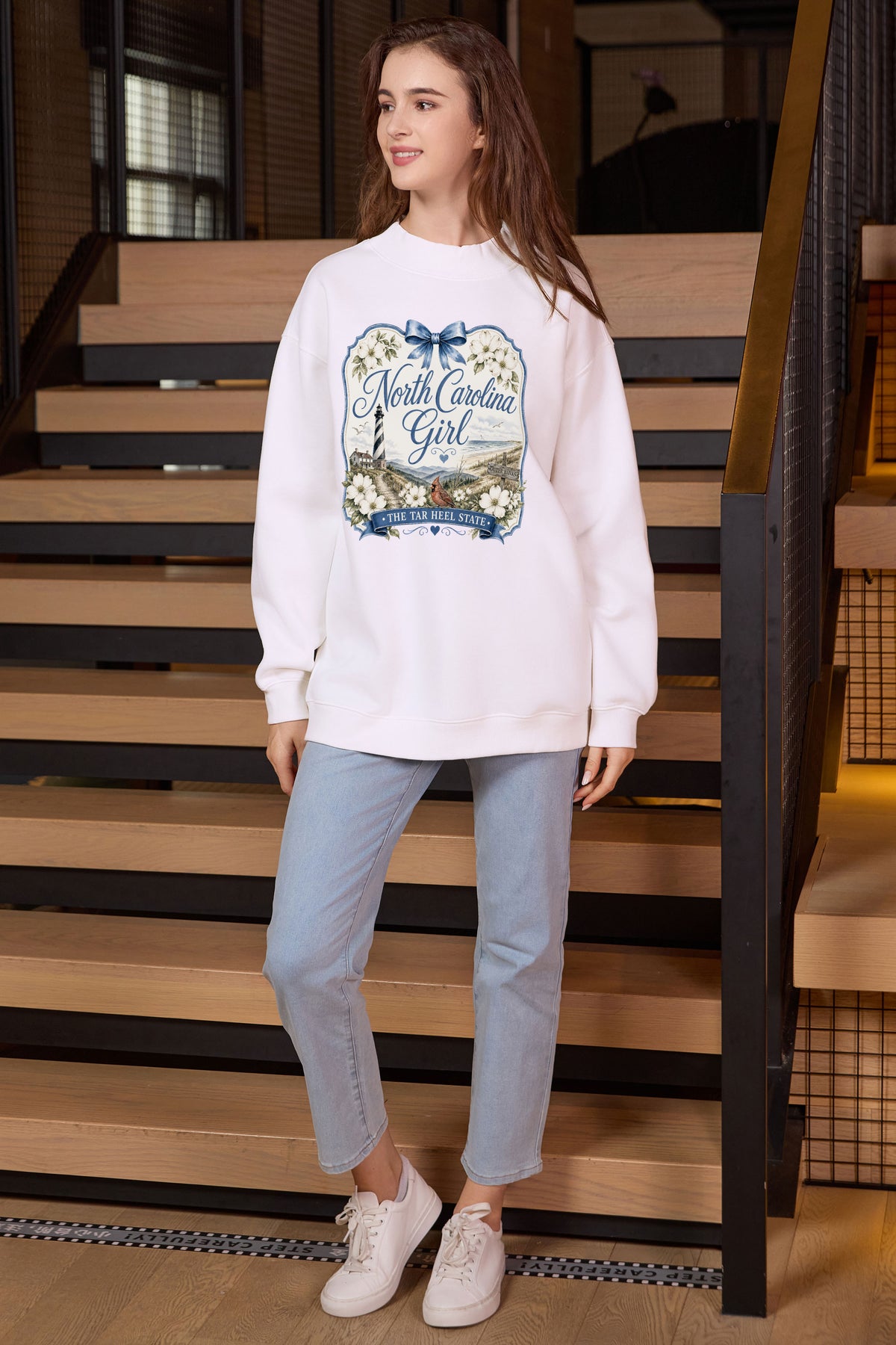 North Carolina Girl Illustrated Sweatshirt in white — model view 3.
