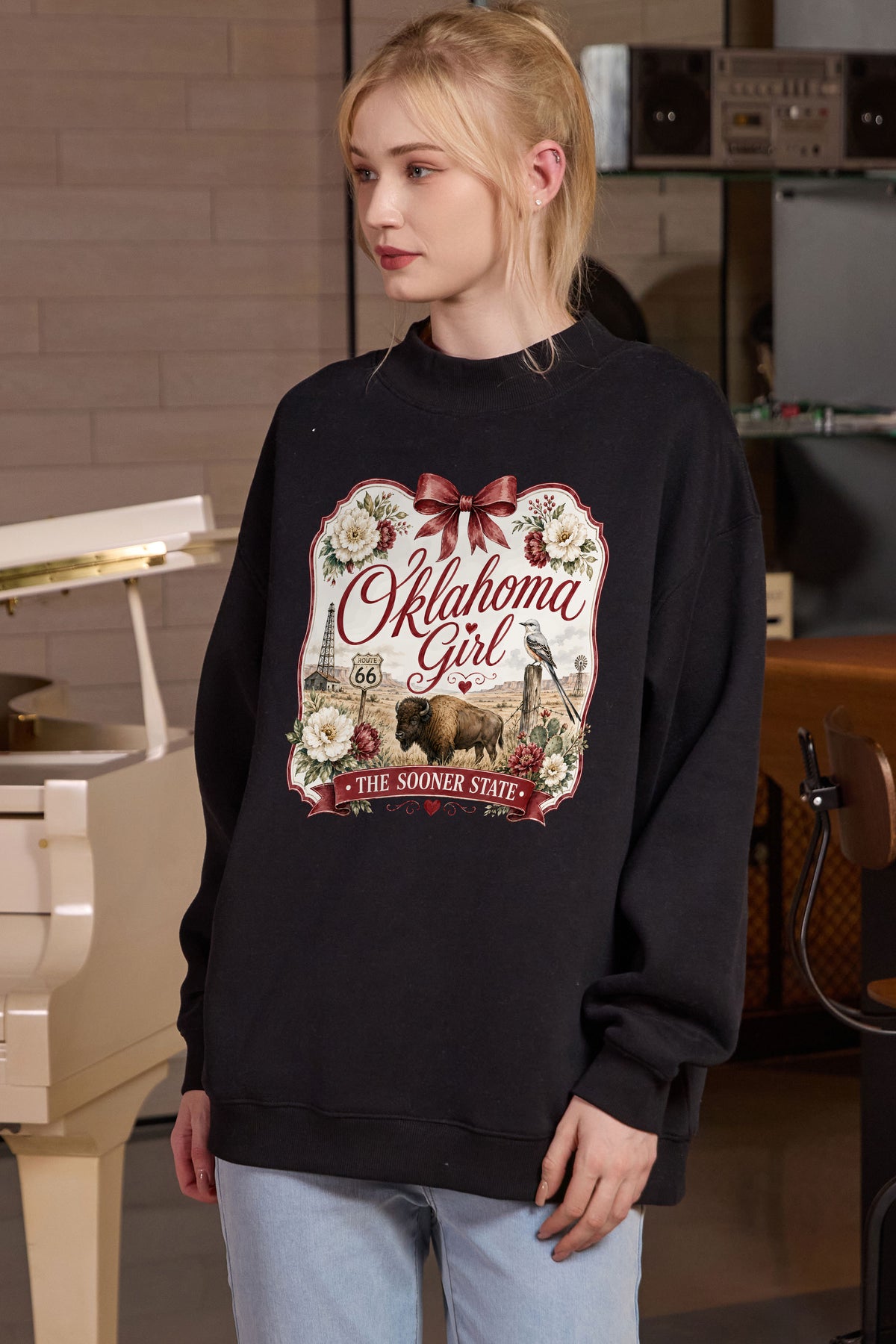 Oklahoma Girl Illustrated Sweatshirt in black — model view 2.