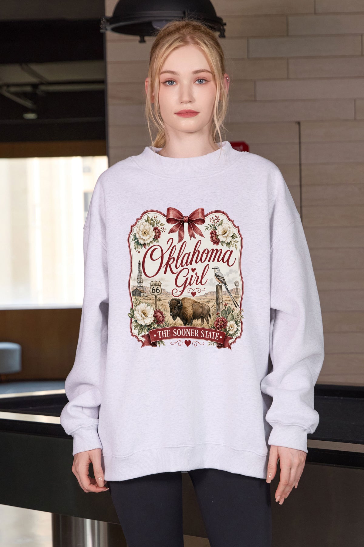 Oklahoma Girl Illustrated Sweatshirt in heather grey — model view 1.