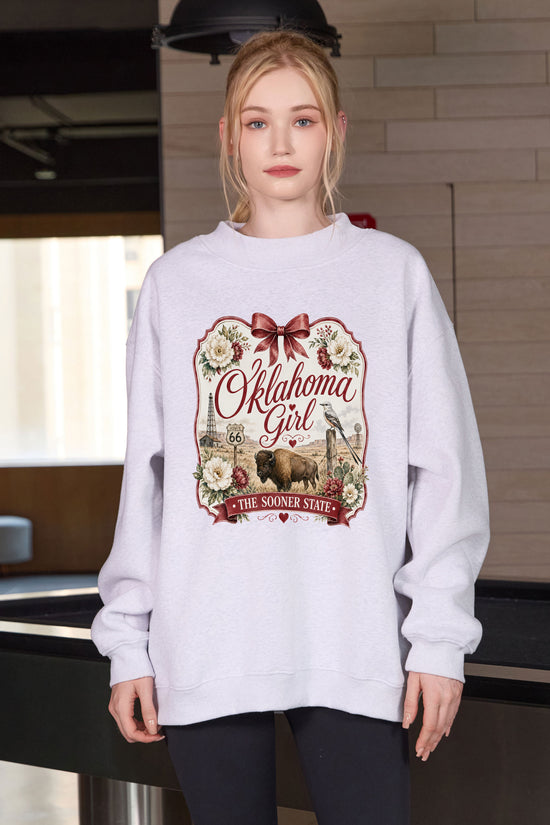 Oklahoma Girl Illustrated Sweatshirt in heather grey — model view 1.