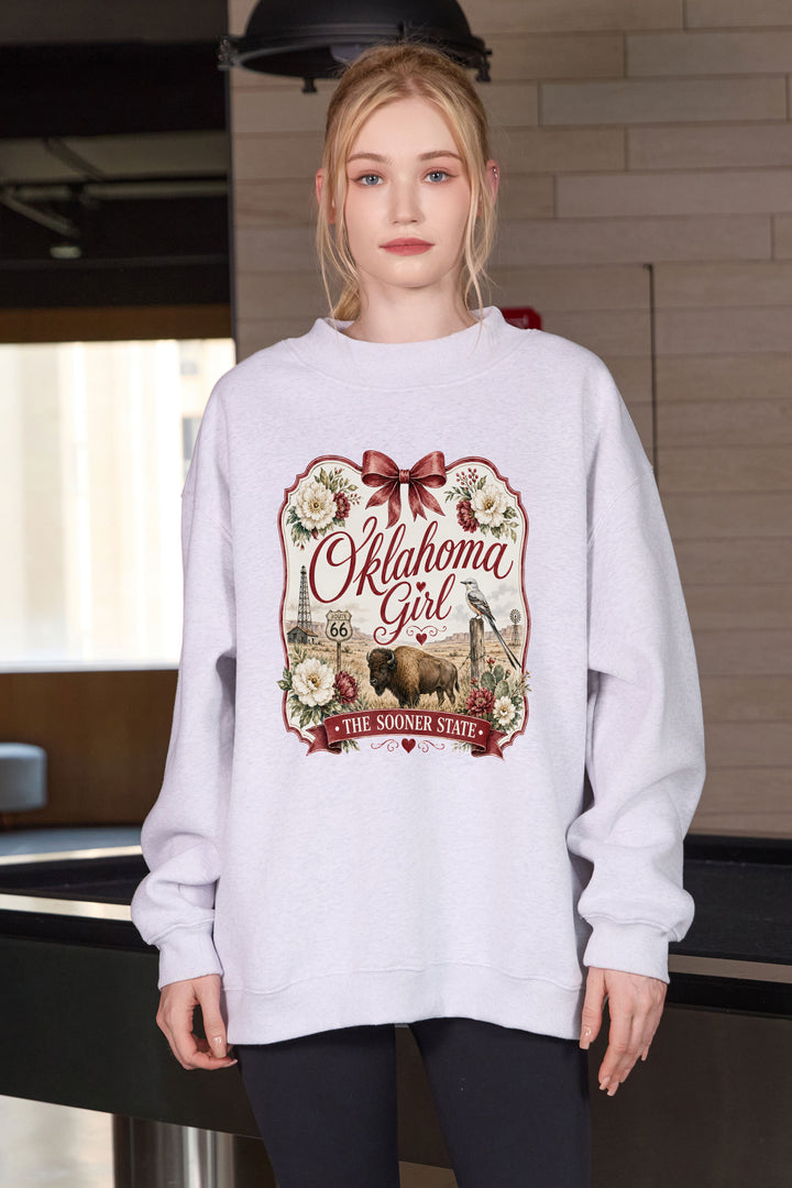 Oklahoma Girl Illustrated Sweatshirt in heather grey — model view 1.