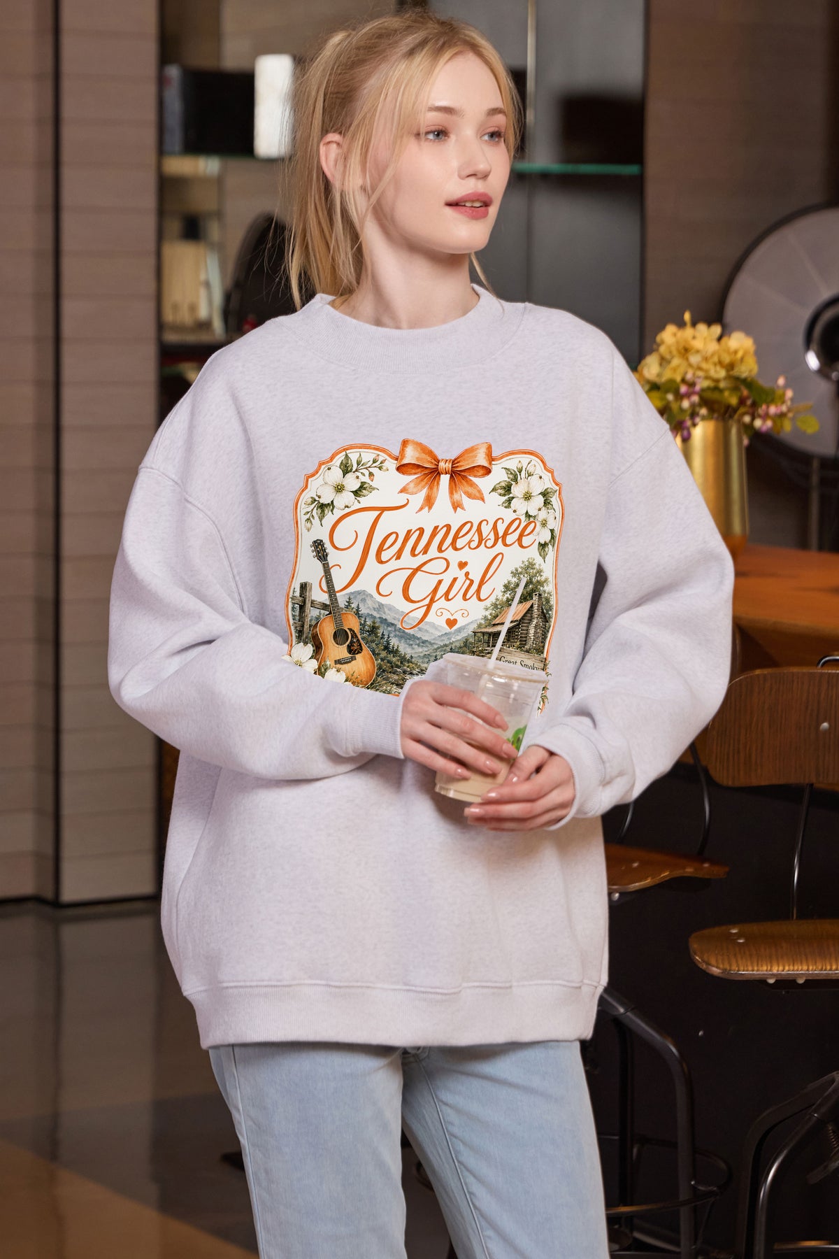 Tennessee Girl Illustrated Sweatshirt in heather grey — model view 1.