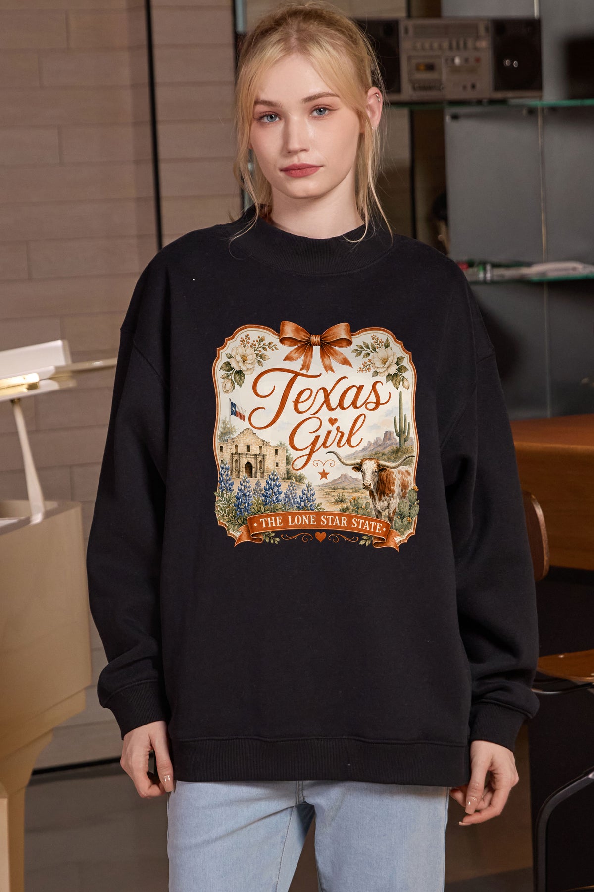 Texas Girl Illustrated Sweatshirt in black — model view 1.